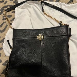 Beautiful black leather Tory Burch satchel bag with gold trim and accent